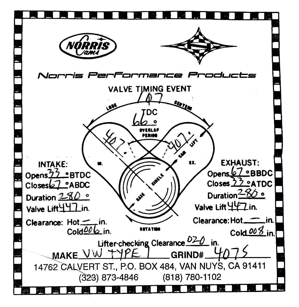 Norris Performance Camshaft Grind #407S, KS Replica, Type 1 Engines
