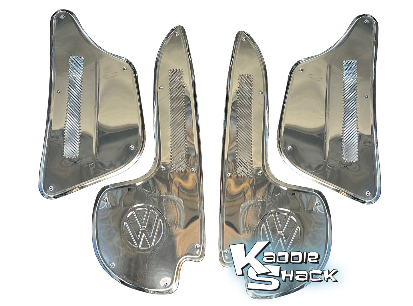 Gravel Guards, Stainless, Front & Rear w/ VW Logo, Set/4, '72 - '79